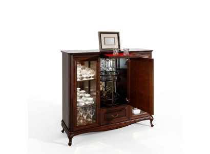 Mobile bar con armadio girevole per bottiglie, credenza in legno con vetrina.