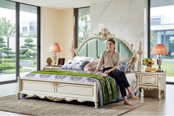 Camera da letto classica Letto Mobili Legno Pelle Letti Barocco Rococò