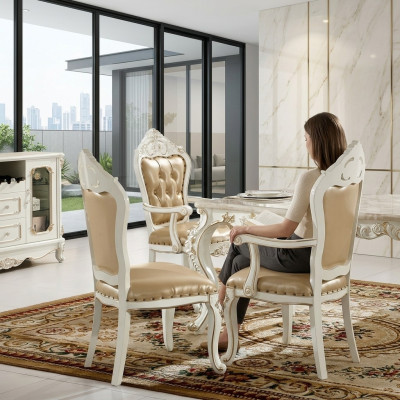 Sedia da sala da pranzo Chesterfield classica Poltrona beige Poltrona con schienale in stile barocco