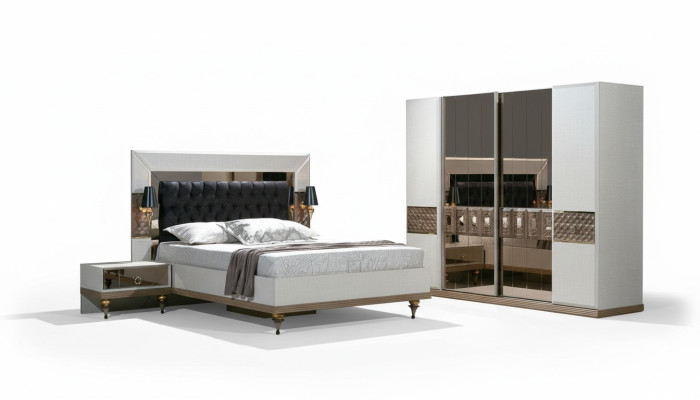 Set camera da letto con letto 2 comodini Armadio Tessuto Moderno 4 pezzi.