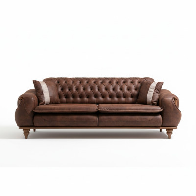 Chesterfield divano a tre posti, divano marrone imbottito in tessuto assortito di mobili.