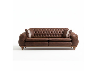 Chesterfield divano a tre posti, divano marrone imbottito in tessuto assortito di mobili.