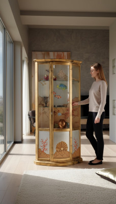 Vetrina classica in vetro e legno, mobile vetrina di lusso in oro, italiano.