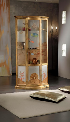 Vetrina classica in vetro e legno, mobile vetrina di lusso in oro, italiano.