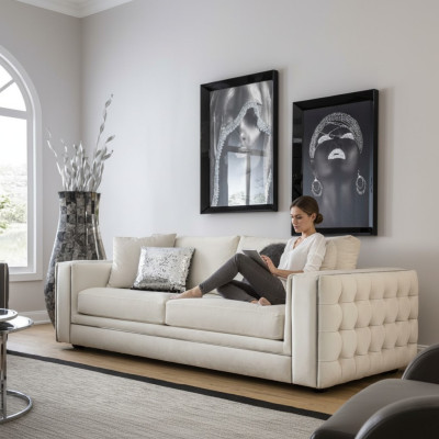 Classico divano Chesterfield a tre posti in beige, lussuoso.