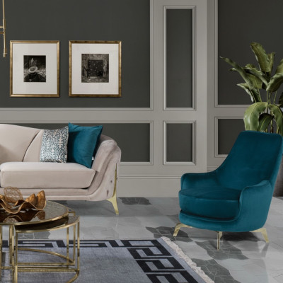 Sedia rotonda design soggiorno imbottita in legno moderna di lusso blu nuova.