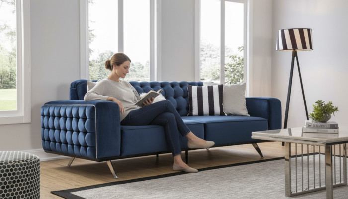 Classico divano Chesterfield a tre posti in blu, di lusso.