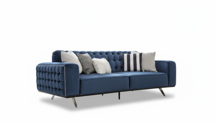 Classico divano Chesterfield a tre posti in blu, di lusso.