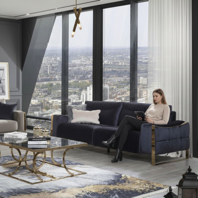 Divano classico a 3 posti design soggiorno imbottitura in legno imbottitura moderna lusso blu.
