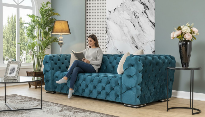 Divano Chesterfield 4 posti Design Soggiorno Imbottito Legno Imbottito Lusso Blu