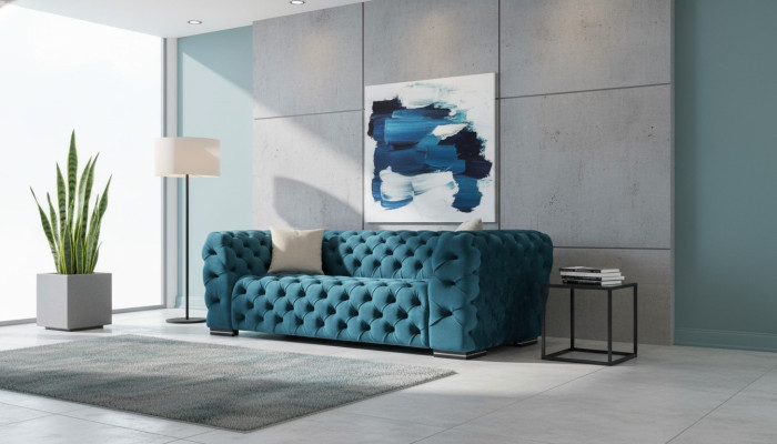 Divano Chesterfield 4 posti Design Soggiorno Imbottito Legno Imbottito Lusso Blu