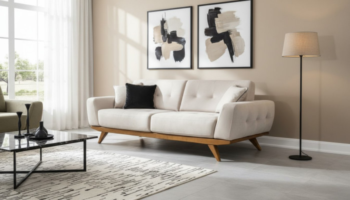 Divano classico 2 posti design per soggiorno in legno imbottito in pelle beige di lusso moderno.