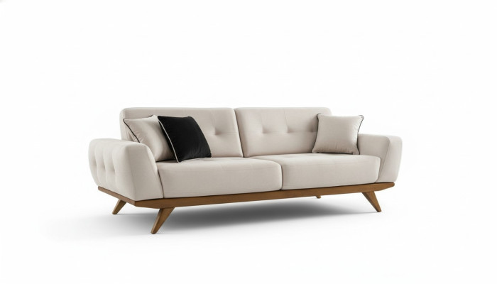 Divano classico 2 posti design per soggiorno in legno imbottito in pelle beige di lusso moderno.