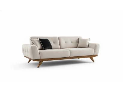Divano classico 2 posti design per soggiorno in legno imbottito in pelle beige di lusso moderno.