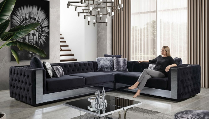 Nero divano Chesterfield imbottito divano angolare Set imbottitura poltrona lusso angolo divani