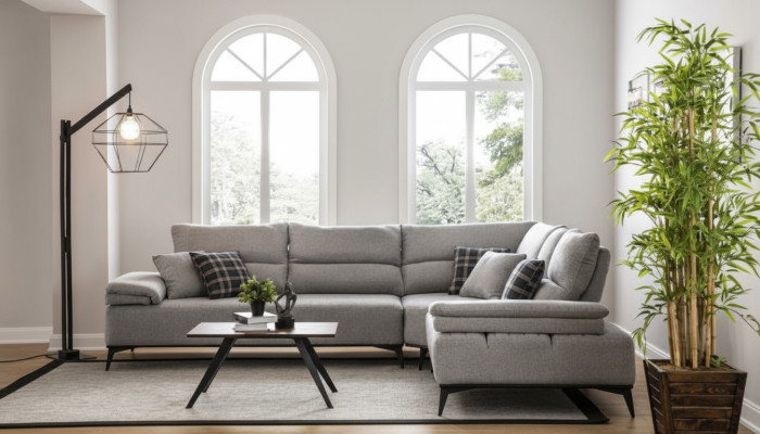 Divano ad angolo a forma di L, design del divano, imbottito in tessuto nuovo, grigio, set per angolo.