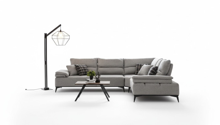 Divano ad angolo a forma di L, design del divano, imbottito in tessuto nuovo, grigio, set per angolo.