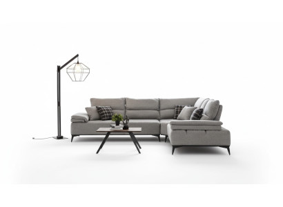 Divano ad angolo a forma di L, design del divano, imbottito in tessuto nuovo, grigio, set per angolo.