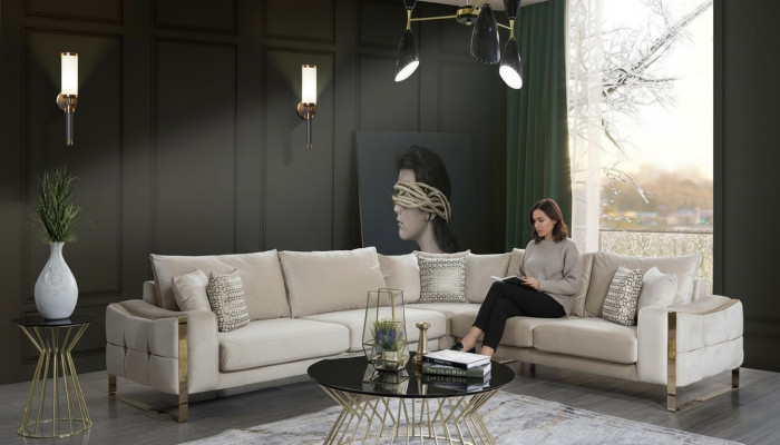 Divano ad angolo a L Design divano Cuscini Tessuto Beige