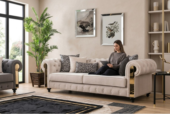 Divano Chesterfield 3 posti design soggiorno imbottito in legno e pelle moderno di lusso