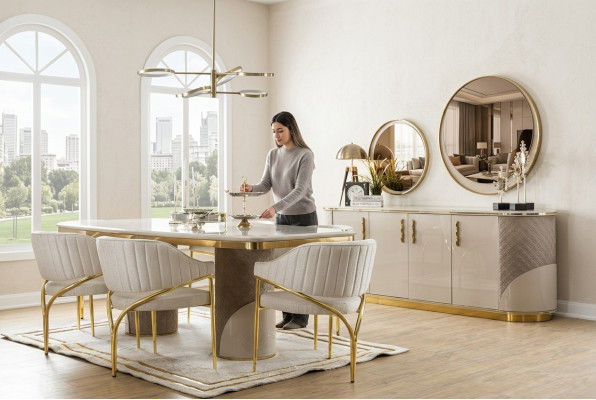 Soggiorno Set 10 pezzi. lussuoso tavolo 6x sedia credenza specchio mobili legno