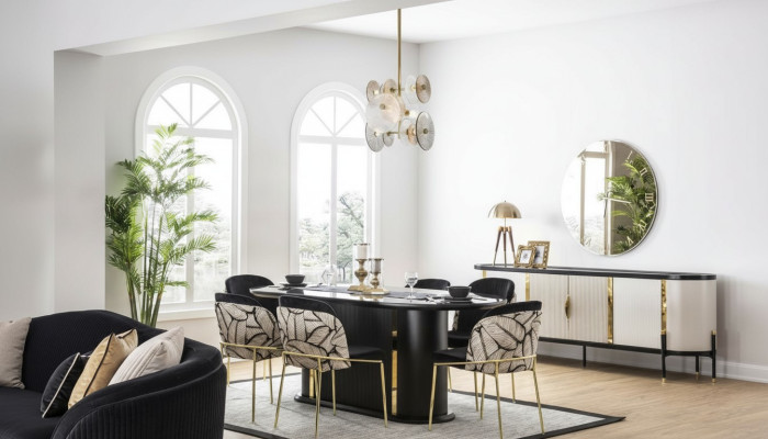 Sala da pranzo di lusso, set da pranzo composto da 8 pezzi, set di sedie, arredamento.