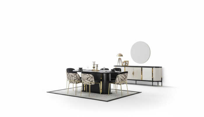 Sala da pranzo di lusso, set da pranzo composto da 8 pezzi, set di sedie, arredamento.