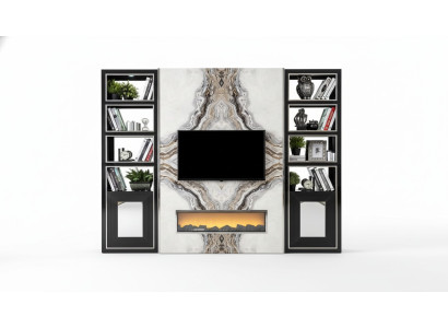 Soggiorno di lusso con parete attrezzata, mobile tv, pareti in marmo nero 270 cm.