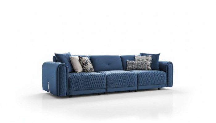 Divano di lusso a 4 posti design moderno blu in pelle per il soggiorno.