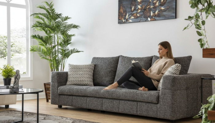 Divano di lusso 4 posti in stoffa design moderno grigio per il soggiorno.