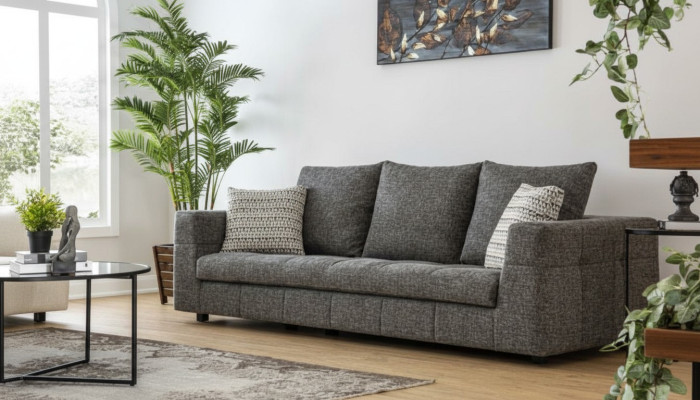 Divano di lusso 4 posti in stoffa design moderno grigio per il soggiorno.