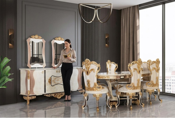 Set da pranzo di lusso 9 pezzi. Tavolo da pranzo + 6 sedie + credenza con specchio bianco Nuovo