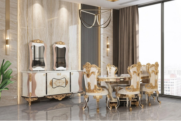 Set da pranzo di lusso 9 pezzi. Tavolo da pranzo + 6 sedie + credenza con specchio bianco Nuovo