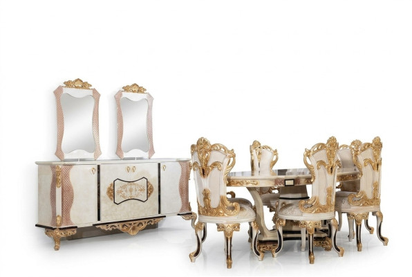 Set da pranzo di lusso 9 pezzi. Tavolo da pranzo + 6 sedie + credenza con specchio bianco Nuovo