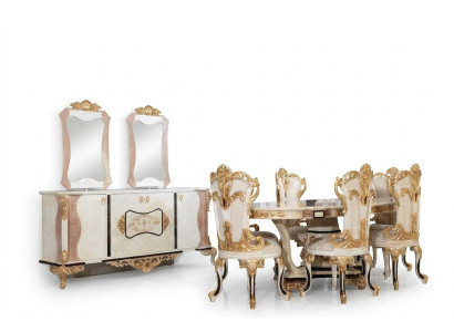 Set da pranzo di lusso 9 pezzi. Tavolo da pranzo + 6 sedie + credenza con specchio bianco Nuovo