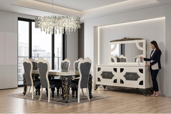Gruppo sala da pranzo di lusso con 6 sedie, tavolo da pranzo, credenza, set sala da pranzo 9 pezzi.