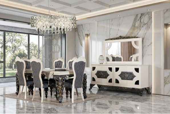 Gruppo sala da pranzo di lusso con 6 sedie, tavolo da pranzo, credenza, set sala da pranzo 9 pezzi.