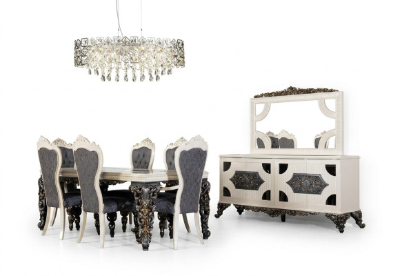 Gruppo sala da pranzo di lusso con 6 sedie, tavolo da pranzo, credenza, set sala da pranzo 9 pezzi.