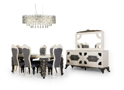 Gruppo sala da pranzo di lusso con 6 sedie, tavolo da pranzo, credenza, set sala da pranzo 9 pezzi.