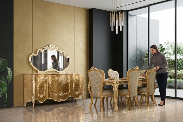 Sala da pranzo di lusso Set di sedie 6x credenza Specchio Gruppo sala da pranzo Completo