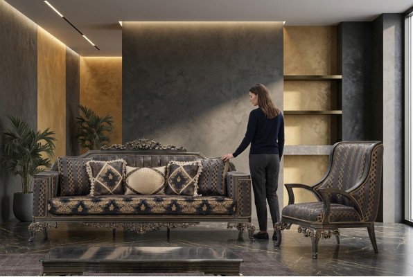 Set di divani Chesterfield di lusso 3+1 posti classico, divano barocco imbottito.