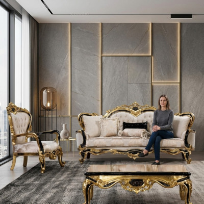 Sofà classico di lusso con poltrone set soggiorno 3 + 1 posti Chesterfield.