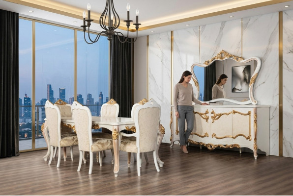 Set completo tavolo da pranzo + 6 sedie Sala da pranzo Gruppo di legno Madia + Specchio 9 pezzi