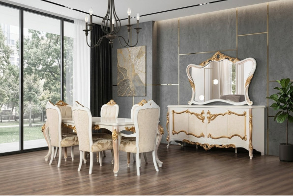 Set completo tavolo da pranzo + 6 sedie Sala da pranzo Gruppo di legno Madia + Specchio 9 pezzi