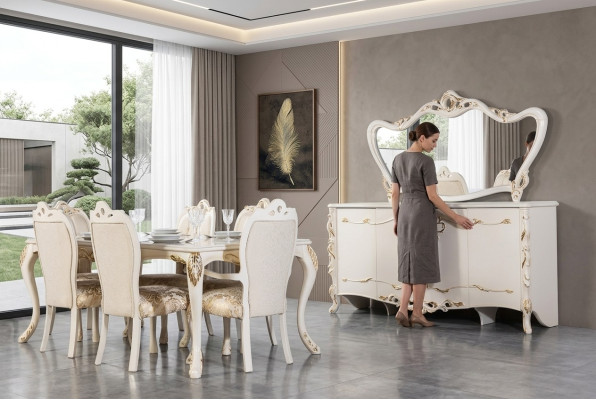 Set da pranzo 9 pezzi. Set da tavola di lusso con tavolo, 6 sedie, credenza e specchio. Nuovi mobili.