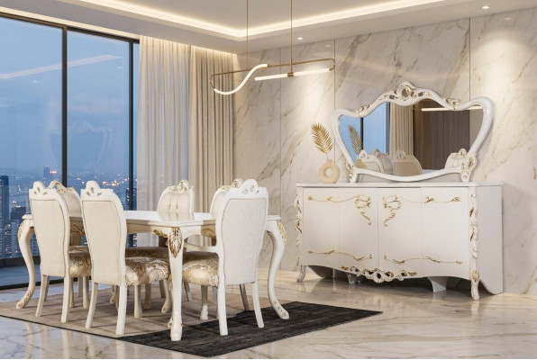 Set da pranzo 9 pezzi. Set da tavola di lusso con tavolo, 6 sedie, credenza e specchio. Nuovi mobili.