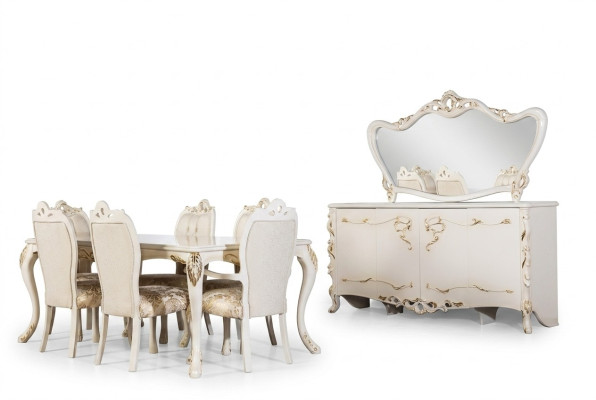 Set da pranzo 9 pezzi. Set da tavola di lusso con tavolo, 6 sedie, credenza e specchio. Nuovi mobili.