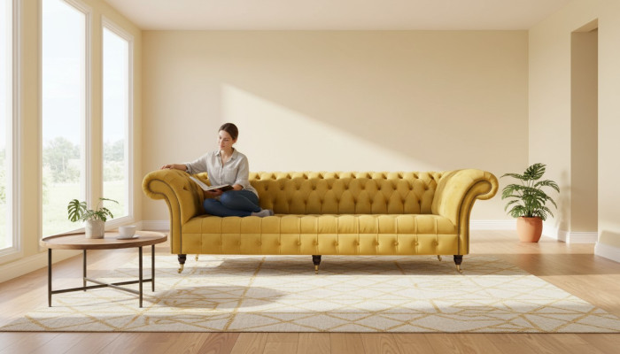 Elegante divano design a 4 posti in tessuto di lusso Chesterfield giallo