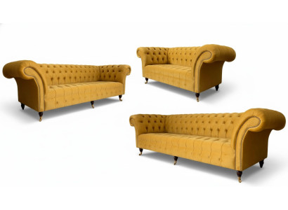 Set di divani Chesterfield gialli completo con divano e poltrone.