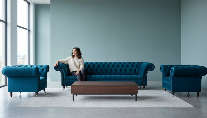 Set divano Chesterfield blu con rivestimento in tessuto set di divani a 3 posti + 1 posto + 1 posto.